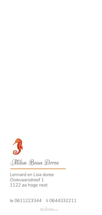 Achterkant geboortekaartje met zeepaard