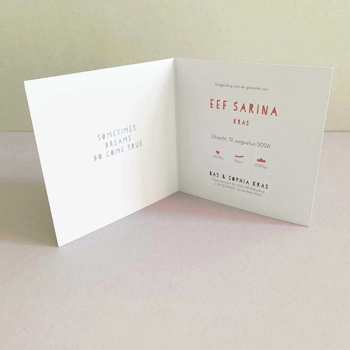 Binnenzijde geboortekaartje speels lettertype