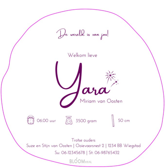 Achterkant geboortekaartje met wereldbolvorm