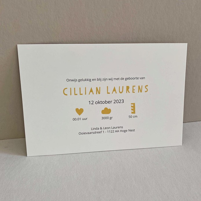 Achterzijde van een geboortekaartje met letters en icoontjes in goudfolie