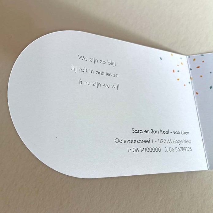 Geboortekaartje ooievaar op een skateboard