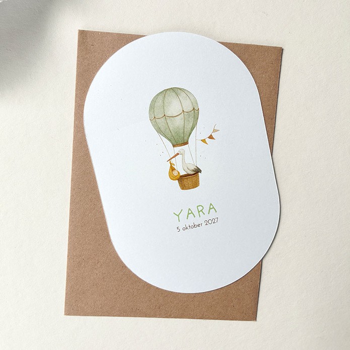 Geboortekaartje luchtballon met ooievaar