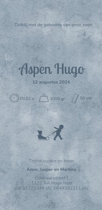 Achterkant van een geboortekaartje voor een jongen