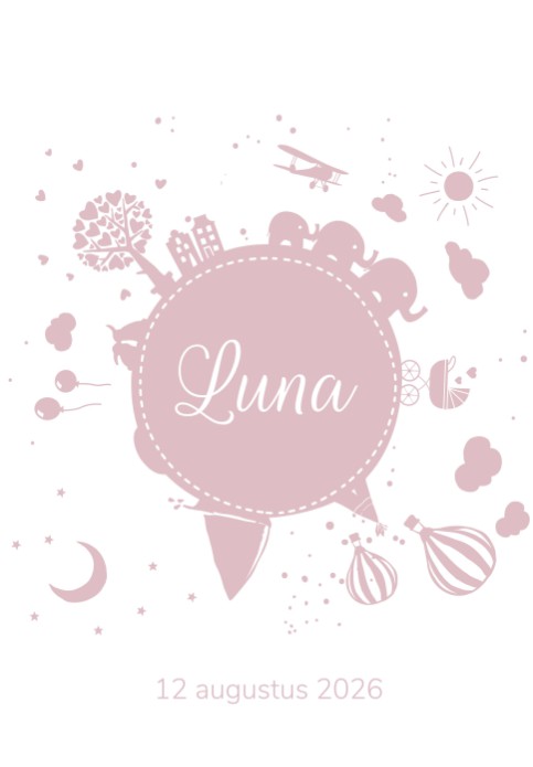 Geboorteposter wereldbol roze