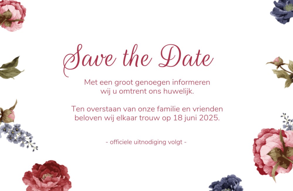 Save the date Pioenrozen / 15x10 enkel