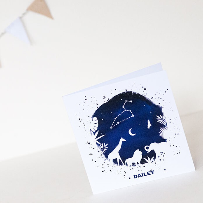 Geboortekaartje met jungle dieren en sterrenbeeld