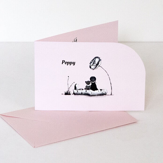 Geboortekaartje met meisje en beer met afgeronde hoek