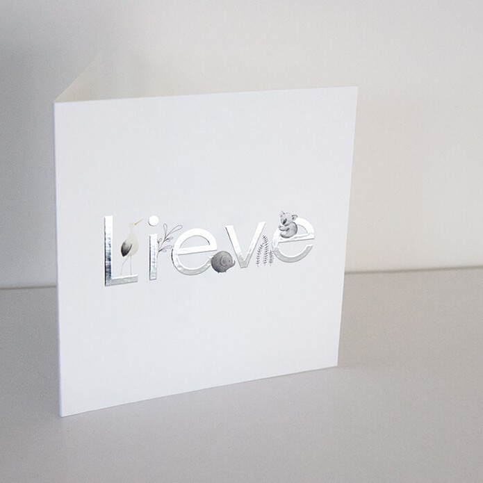 Geboortekaartje met letters in folie en lieve diertjes