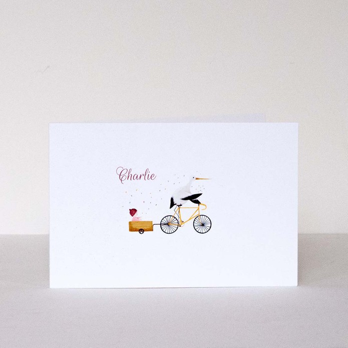 Geboortekaartje met ooievaar op fiets en kindje in kar
